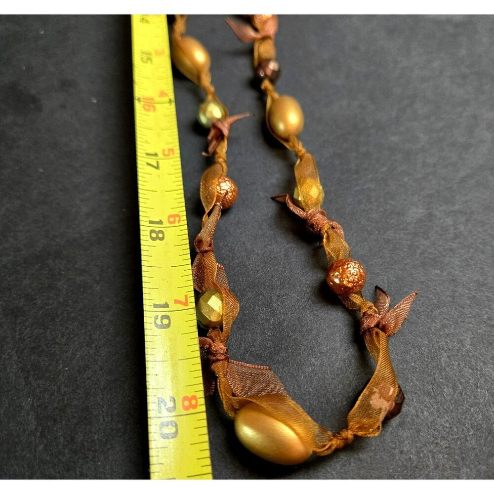 Cookie Lee Long Necklace Gold Bronze Beads Ribbon Tie 42" Boho Layering Jewelry - Picture 6 of 7